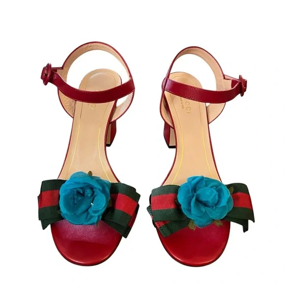 Authentic Red Gucci Web Silk Flower Bow Mid Sandals Size 37;new with tags - Picture 5 of 9